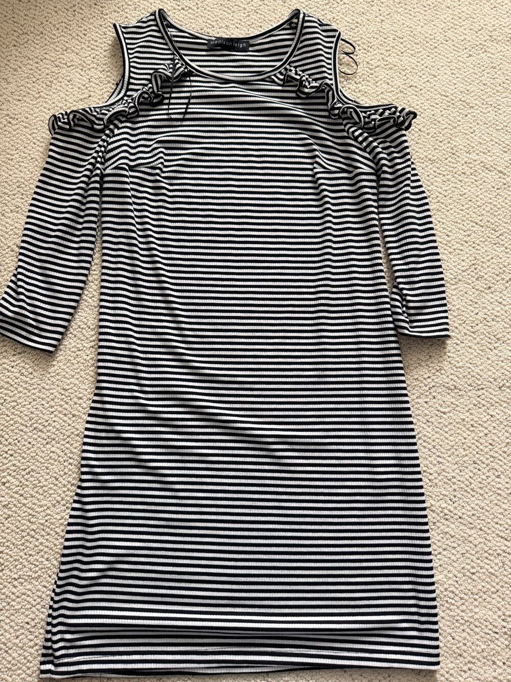 Madison Leigh Black White Striped Cold Shoulder Ruffle Dress Ribbed Knit Size 10